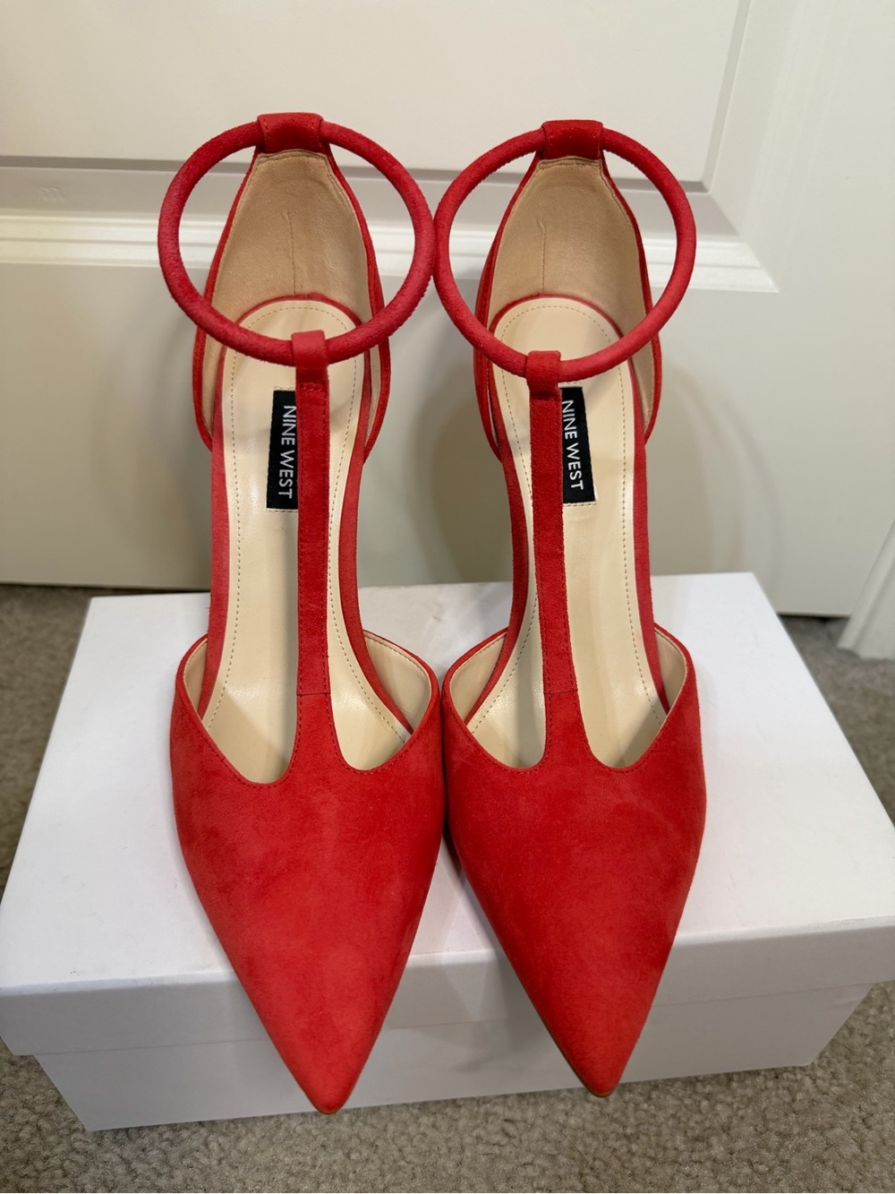 Nine West Red Suede T-Strap Pointed Heels with Circular Ankle Strap